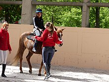 Une jeune fille monte à cheval avec deux adultes l'encadrant.