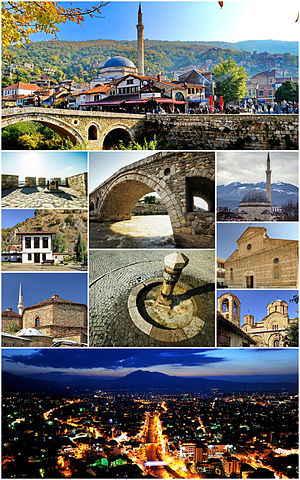 Clockwise from top: old town, the fortress, stone bridge, Sinan Pasha Mosque, Prizren League Building, Shadervan Square, Cathedral of Our Lady of Perpetual Succour, Gazi Mehmet Pasha Hammam, Our Lady of Ljeviš and Prizren during the evening.