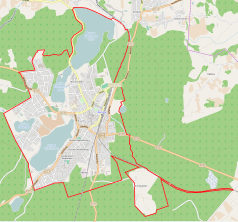 Mapa konturowa Kartuz, blisko centrum na dole znajduje się punkt z opisem „Muzeum Kaszubskie im. Franciszka Tredera w Kartuzach”