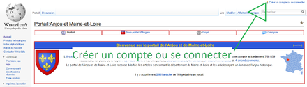 Capture d’écran d’une page de Wikipédia et une flèche indiquant où cliquer pour créer un compte