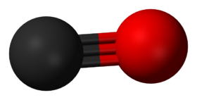 A carbon atom (shown as a grey ball) tripled bonded to an oxygen atom (shown as a red ball).