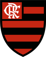 An escutcheon with horizontal red and black stripes, with a monogram of the letters CRF in its upper-left part