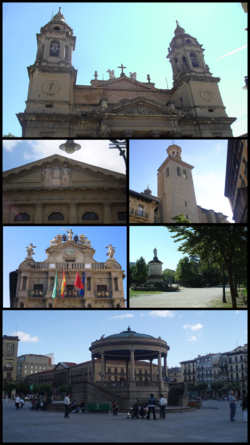 Top:Cathedral o Ryal Saunt Mary, 2nt left:Navarra Palace, 2nt richt:San Saturnino Kirk, 3rd left:Pamplona Ceety Haw, 3rd richt:Monument o Julian Gayarre in Taconera Park, Bottom:Castle Square