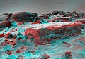 This anaglyph view of Flat Top, southwest of the lander, was produced by combining two right eye frames taken from different viewing angles by Sojourner Rover. One of the right eye frames was distorted using Photoshop to approximate the projection of the left eye view (without this, the stereo pair is painful to view). The left view is assigned to the red color plane and the right view to the green and blue color planes (cyan), to produce a stereo anaglyph mosaic. This mosaic can be viewed in 3-D on your computer monitor or in color print form by wearing red-blue 3-D glasses. Mars Pathfinder is the second in NASA's Discovery program of low-cost spacecraft with highly focused science goals. The Jet Propulsion Laboratory, Pasadena, CA, developed and manages the Mars Pathfinder mission for NASA's Office of Space Science, Washington, D.C. JPL is a division of the California Institute of Technology (Caltech).