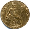 V. György király 1919-es farthing érméjének hátoldala. Átmérő: 20,19 mm, súly: 2,83 g