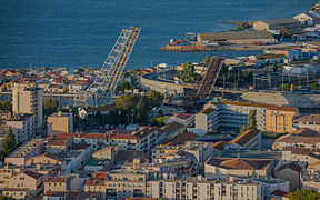 Maréchal Foch and Sadi-Carnot Bridges, Sète, Hérault, France. Above view in open position from southwest in 2013.