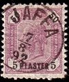 A 5 piaster stamp cancelled at Jaffa in 1892. Mi29.