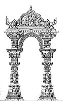 Artistic rendition of the Kirtistambha at Rudra Mahalaya Temple. The temple was destroyed by Alauddin Khalji.[260]