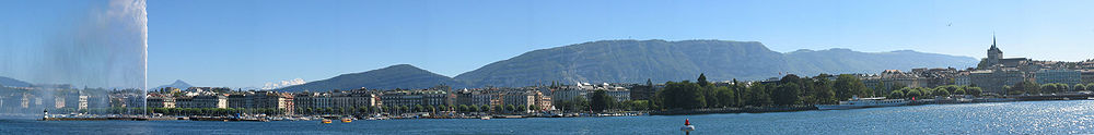 Panorama vo da Stod mit Jet d’eau (Woarzeichn), Mont Blanc und Dom