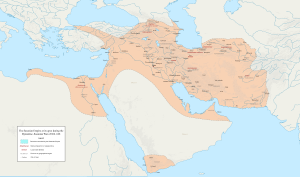 A map centred on West Asia, with the territories controlled by the Sassanian Empire colored light brown. All of modern day Iran, Armenia, Azerbaijan, Syria, Iraq, Israel, Palestine; southern Yemen, northern Arabia and Egypt along with a bulge through Turkey are colored light brown