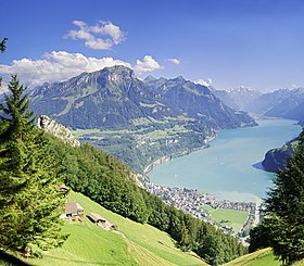 Blick vom Obere Timpel (Urmibärg) uf Brunne und de Vierwaldstättersee, Panoramabild (2010)