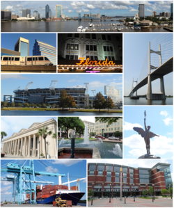 Top, left to right: Downtown Jacksonville, Riverplace Tower, statue of Andrew Jackson, Florida Theatre, Dames Point Bridge, Veterans Memorial Arena, EverBank Field, Friendship Fountain, Jacksonville Landing