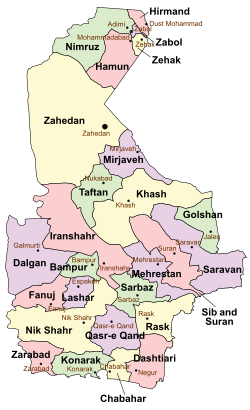 Location of Mirjaveh County in Sistan and Baluchestan province (top center, purple)