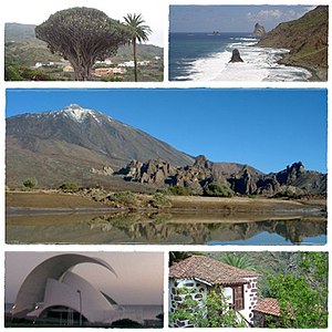 Clockwise frae tap: Dracaena draco, Roques de Anaga, Teide Naitional Pairk, Tradeetional Canarian hoose an Auditorio de Tenerife.