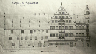 Ostansicht (Plan vom Stadtbauamt von 1911). Die linke Hälfte wird durch Bürgerhäuser in der Brückenstraße verdeckt