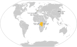 Locatiekaart met de Belgische koloniën rond 1931: Belgisch-Congo, Ruanda-Urundi en de Belgische concessie in Tianjin.