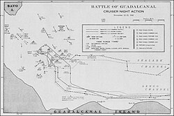 Hartă a Marinei Statelor Unite referitoare la confruntarea navală din 13 noiembrie 1942 din Guadalcanal. Probabil mişcarea navelor americane reprezentată pe hartă este cea reală, dar mişcarea navelor japoneze şi pierderile suferite de acestea pot fi inexacte.