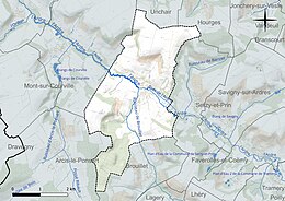 Carte en couleur présentant le réseau hydrographique de la commune