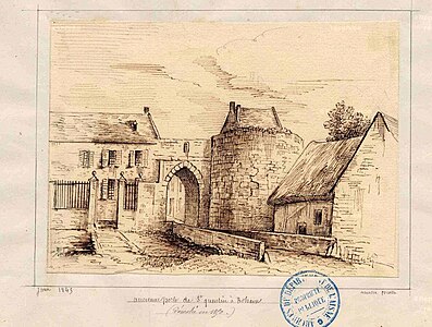 Gravure de la porte Saint-Antoine par Amédée Piette. Située en bas de l'actuelle rue éponyme, elle fut détruite en 1850, car, vu son étroitesse, elle gênait la circulation.