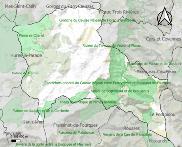 Carte des ZNIEFF de type 1 sur la commune.