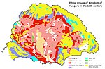 Kniezsa's (1938) view on the ethnic map of the Kingdom of Hungary in the 11th century, based on toponyms. Kniezsa's view has been criticized by many scholars, because of its non-compliance with later archaeological and onomastics research, but his map is still regularly cited in modern reliable sources. One of the most prominent critics of this map was Emil Petrovici.[135]