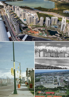 Montage de quatre images. La première est une vue aérienne de nombreux bâtiments et d'un parc. La seconde une photo en noir et blanc d'une rivière, de bâtiments et de montagnes en arrière-plan. La troisième des bâtiments et des courts de tennis à l'avant-plan. La quatrième est une photo d'une rue bordée de bâtiments.