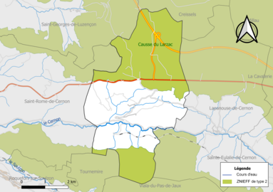 Carte de la ZNIEFF de type 2 de la commune.