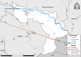 Carte en couleur présentant le réseau hydrographique de la commune