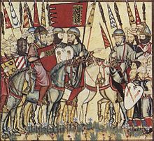 A drawing showing Muhammad I (in red tunic and red shield) leading his troops during the Mudéjar revolt of 1264–66