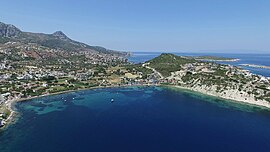 Aerial view of Karaburun town from the sea