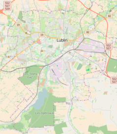 Mapa konturowa Lublina, w centrum znajduje się punkt z opisem „Arena Lublin”