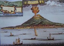 A drawing of a volcano erupting orange lava and black smoke into the air with a body of water in the foreground and ships sailing in it.