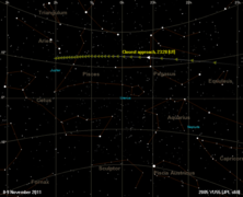 Apparent trajectory of asteroid 2005 YU55, 8-9 November 2011