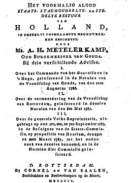 Titelblad van "Het voormalig aloud staats-stadhouderlijk en stedelijk bestuur van Holland" (1804)