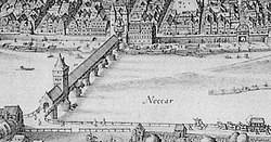 Седьмой мост (фрагмент гравюры «Große Stadtansicht Heidelbergs», Маттеус Мериан, 1620)