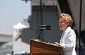 Nancy Reagan delivers her remarks at the homeporting ceremony for USS Ronald Reagan (CVN 76) in San Diego, California