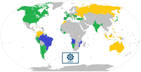 Harta statelor membre CPLP (albastru), observatorilor asociați (verde) și țărilor și teritoriilor interesate oficial (galben).