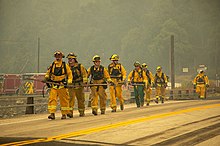 Group of firefighters in gear carrying a long hose to the fire scene