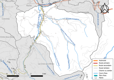 Carte en couleur présentant le réseau hydrographique de la commune