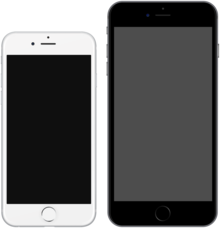 deux smartphones l'un à côté de l'autre, celui de droite est noir et celui de gauche est blanc, marquant la différence entre iPhone 6 à gauche et iPhone 6 Plus à droite