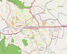 Mapa konturowa Przemyśla, w centrum znajduje się punkt z opisem „Przemyśl, cerkiew Narodzenia Przenajświętszej Bogurodzicy”