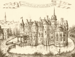 Mogelijk een fantasie afbeelding (?) voorstellende het kasteel in 1360 met op de achtergrond Gendt.