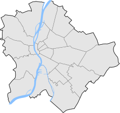 Mapa konturowa Budapesztu, po lewej znajduje się punkt z opisem „Kelenföld vasútállomás”