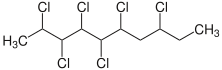 Struktur von 2,3,4,5,6,8-Hexachlordecan als Beispiel eines kurzkettigen Chlorparaffins mit einem Chlorgehalt von 61 Massenprozent