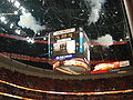 Honda Center's scoreboard releasing steam before a playoff game