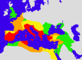 etendiĝo de la imperio en -133 (ruĝe), -454 (oranĝe), 14 (flave) kaj 117 (verde).