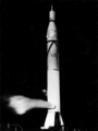 Explorer I sits on the launch pad venting before launch, January 31, 1958. (NASA photo 97-H-482)