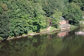 Durham School Boat Club's boathouse seen from Prebends Bridge, United Kingdom