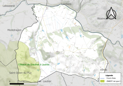 Carte de la ZNIEFF de type 2 sur la commune.