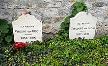 Two graves and two gravestones side by side; heading behind a bed of green leaves, bearing the remains of Vincent and Theo van Gogh, where they lie in the cemetery of Auvers-sur-Oise. The stone to the left bears the inscription: Ici Repose Vincent van Gogh (1853–1890) and the stone to the right reads: Ici Repose Theodore van Gogh (1857–1891)